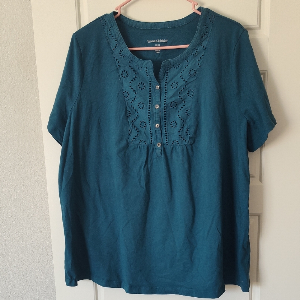 Woman Within Teal Eyelet Henley Short Sleeve Top - Teal